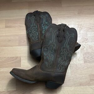 Justin Brown Western Cowboy Boots with Turquoise Embroidery
